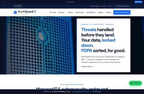 Managed IT services provider (MSP) website homepage demo — dark data-centre hero, keyword-highlighted card and bordered service grid (Singapore)