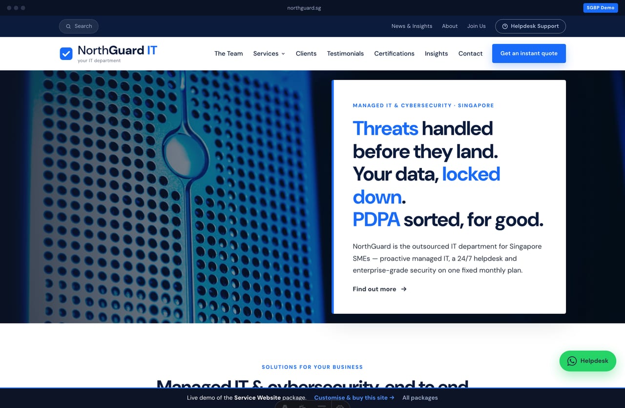 Managed IT services provider (MSP) website homepage demo — dark data-centre hero, keyword-highlighted card and bordered service grid (Singapore)