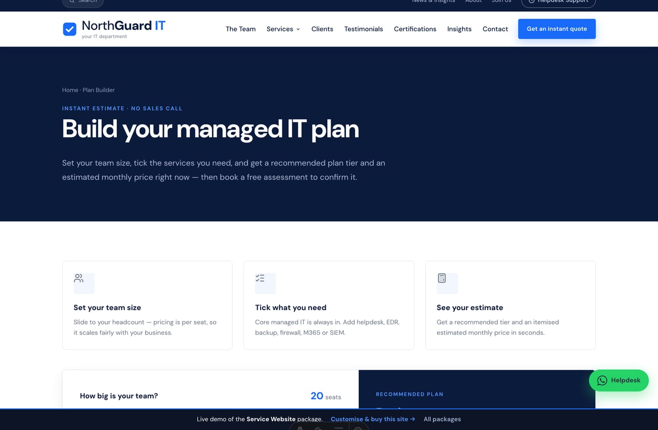 Dedicated Managed IT Plan Builder page with tier explainer on a Singapore IT services website