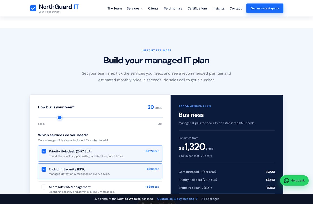 Interactive Managed IT Plan Builder tool on the NorthGuard IT services website demo