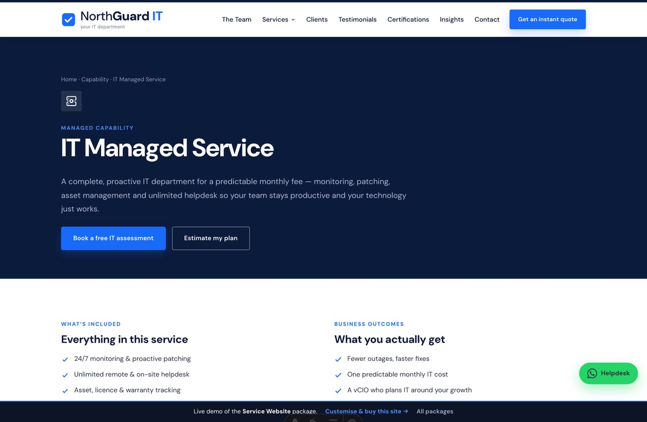 Individual service detail page with included features and business outcomes on an MSP website