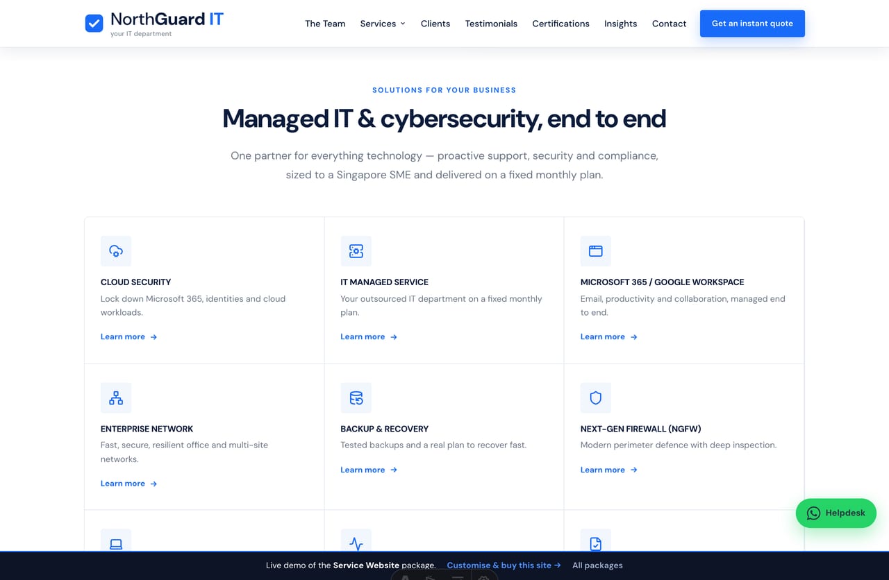 Bordered line-icon service grid for a Singapore IT services website covering managed IT, cloud, security and backup