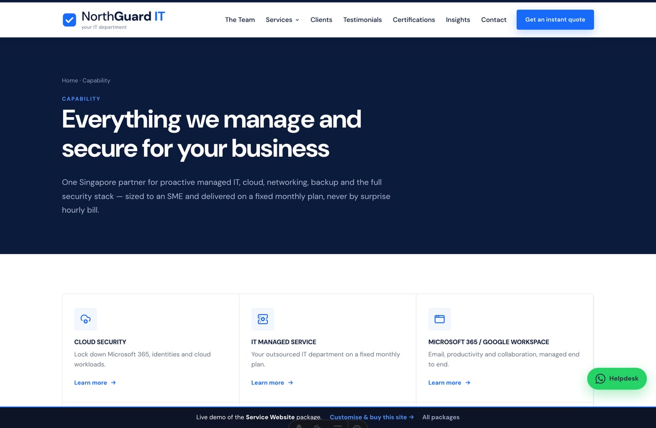 Capability / services listing page on a managed IT services provider website in Singapore