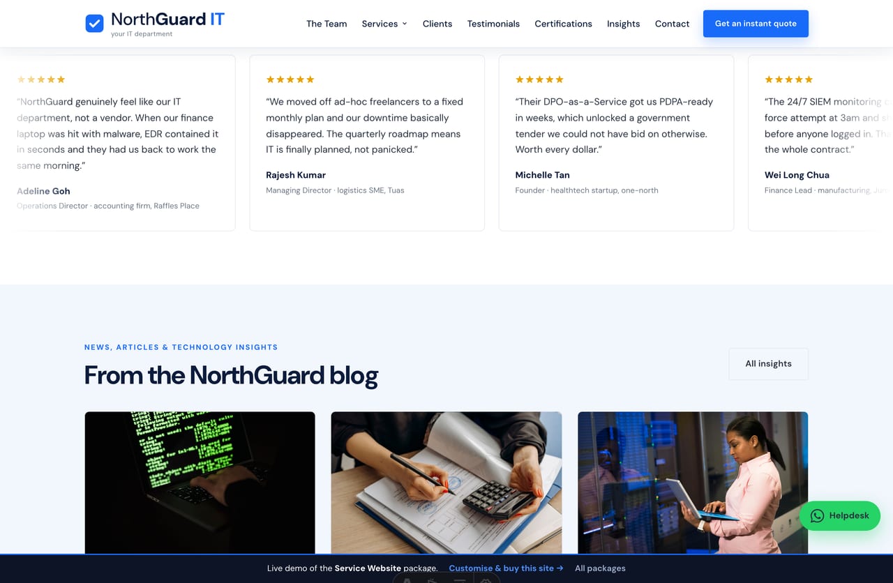 Singapore client testimonials marquee on the NorthGuard managed IT website demo