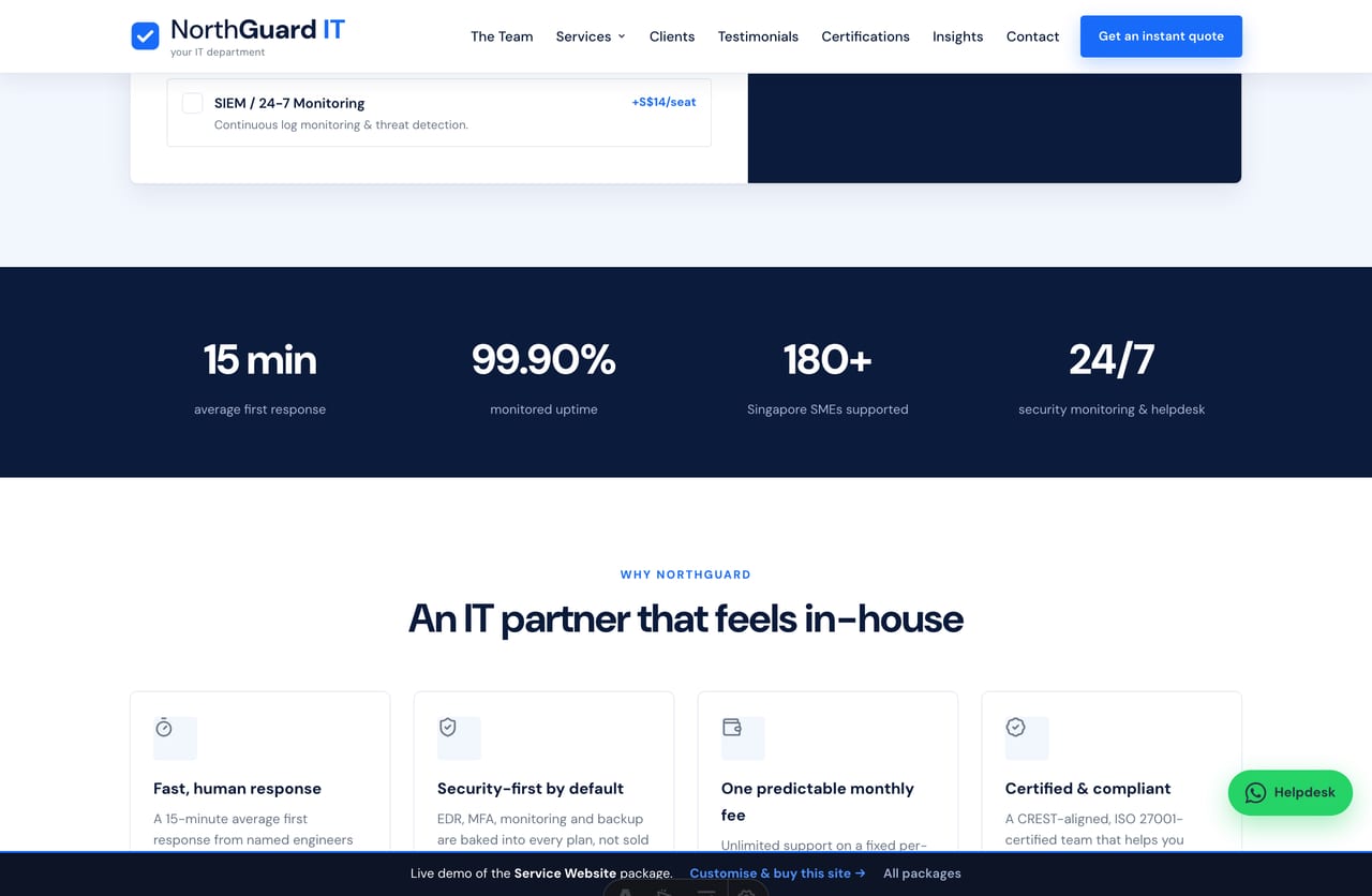 Why-us trust band with count-up stats and reasons on a Singapore MSP website