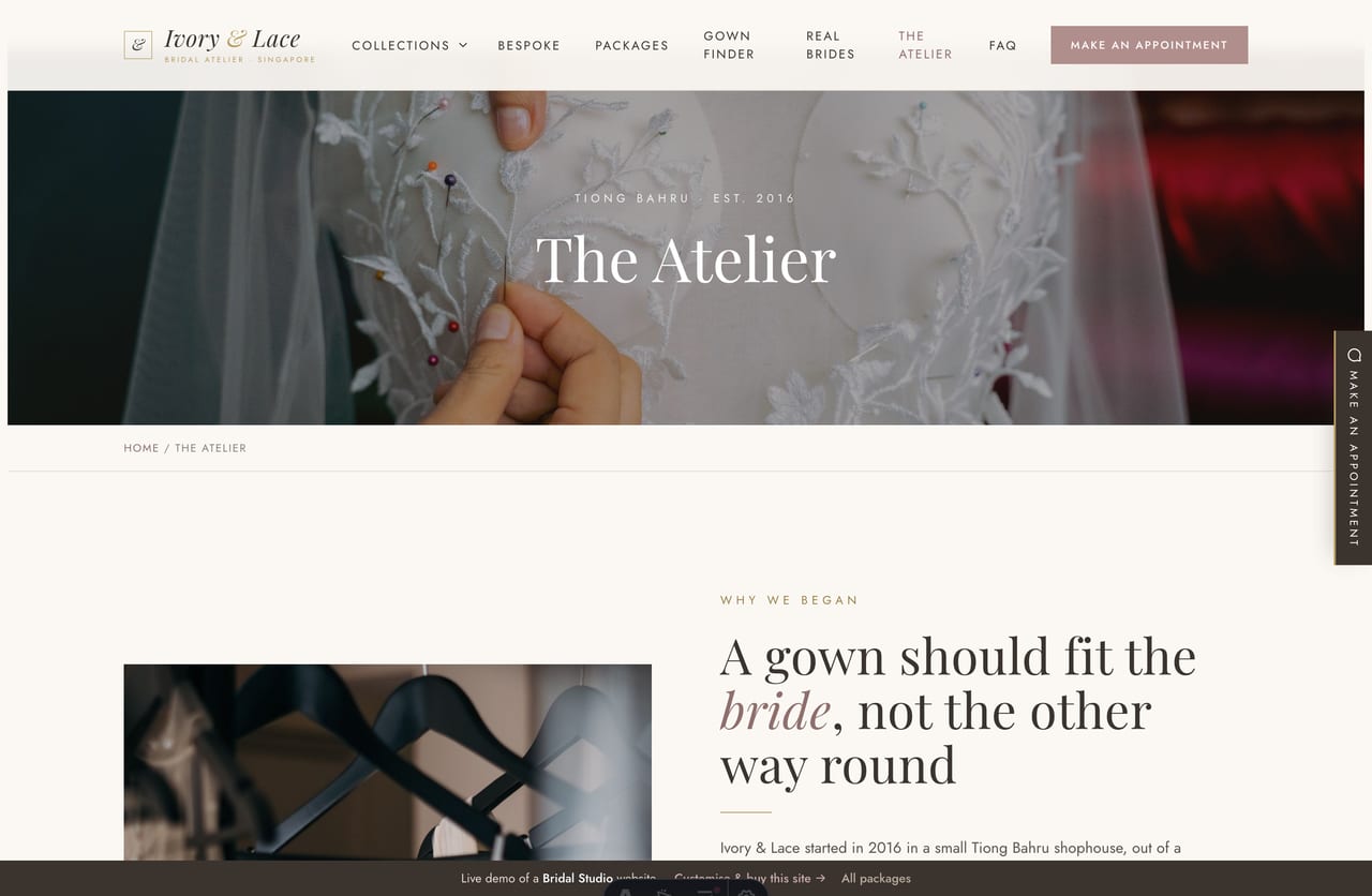 The atelier About page on the Ivory & Lace demo — the studio story, the makers and the way they work