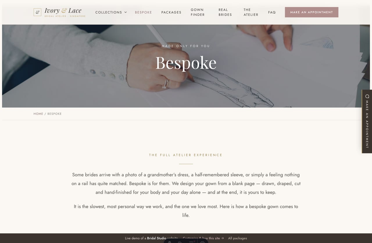 The bespoke page on the Ivory & Lace demo — a five-step made-to-measure gown journey from conversation to a gown that is yours to keep