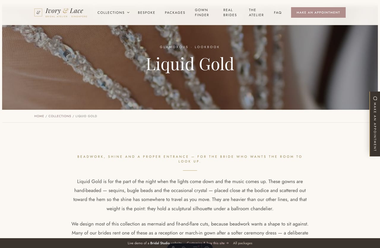 A collection lookbook page on the Ivory & Lace demo — full-bleed gowns with caption bands and a “similar yet different” pairing band