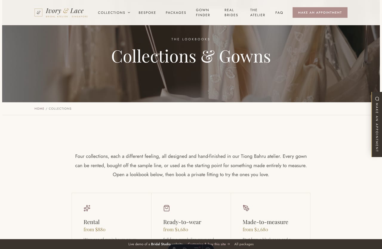 Gown collections listing page on the Ivory & Lace demo — four bridal collections laid out as large alternating editorial blocks