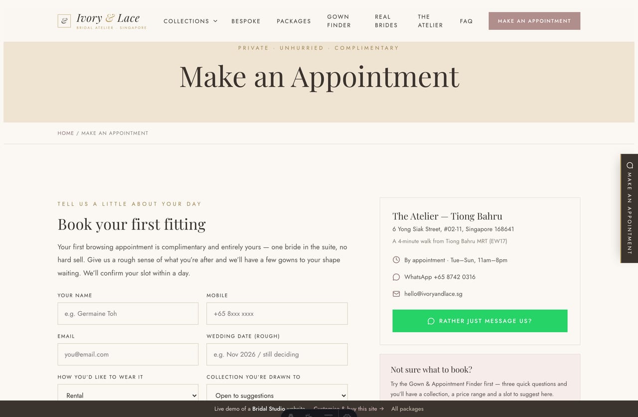 Make-an-appointment page on the Ivory & Lace demo — a PDPA-aware fitting-request form with silhouette, collection and slot selection, no cart