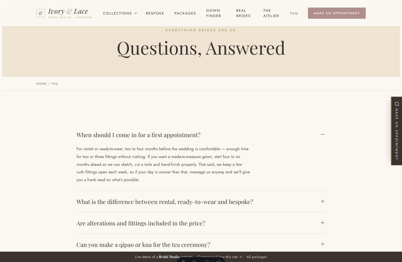 FAQ page on the Ivory & Lace demo — an accordion of bride questions about rental vs bespoke, fittings, qipao and appointments