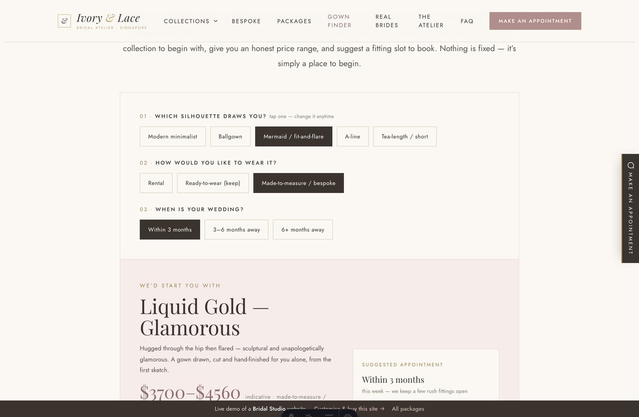 Gown & Appointment Finder result on a Singapore bridal site — a recommended collection, an indicative SGD price range and a suggested fitting slot