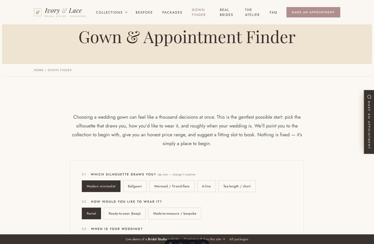 The interactive Gown & Appointment Finder on the Ivory & Lace demo — pick a silhouette, service and timeline for a recommended collection