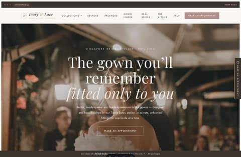 Ivory & Lace bridal studio Singapore website homepage demo — a full-bleed bridal hero, ivory/champagne editorial layout with featured gowns and collection lookbooks