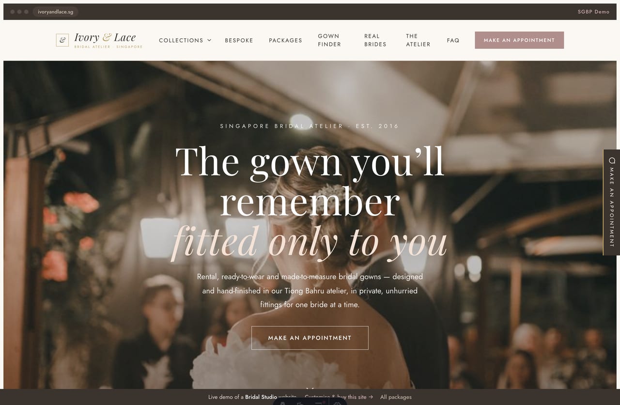 Ivory & Lace bridal studio Singapore website homepage demo — a full-bleed bridal hero, ivory/champagne editorial layout with featured gowns and collection lookbooks
