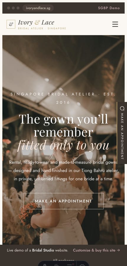 The Ivory & Lace bridal-studio website on mobile — full-bleed hero and a soft Make-an-Appointment pill at 430px