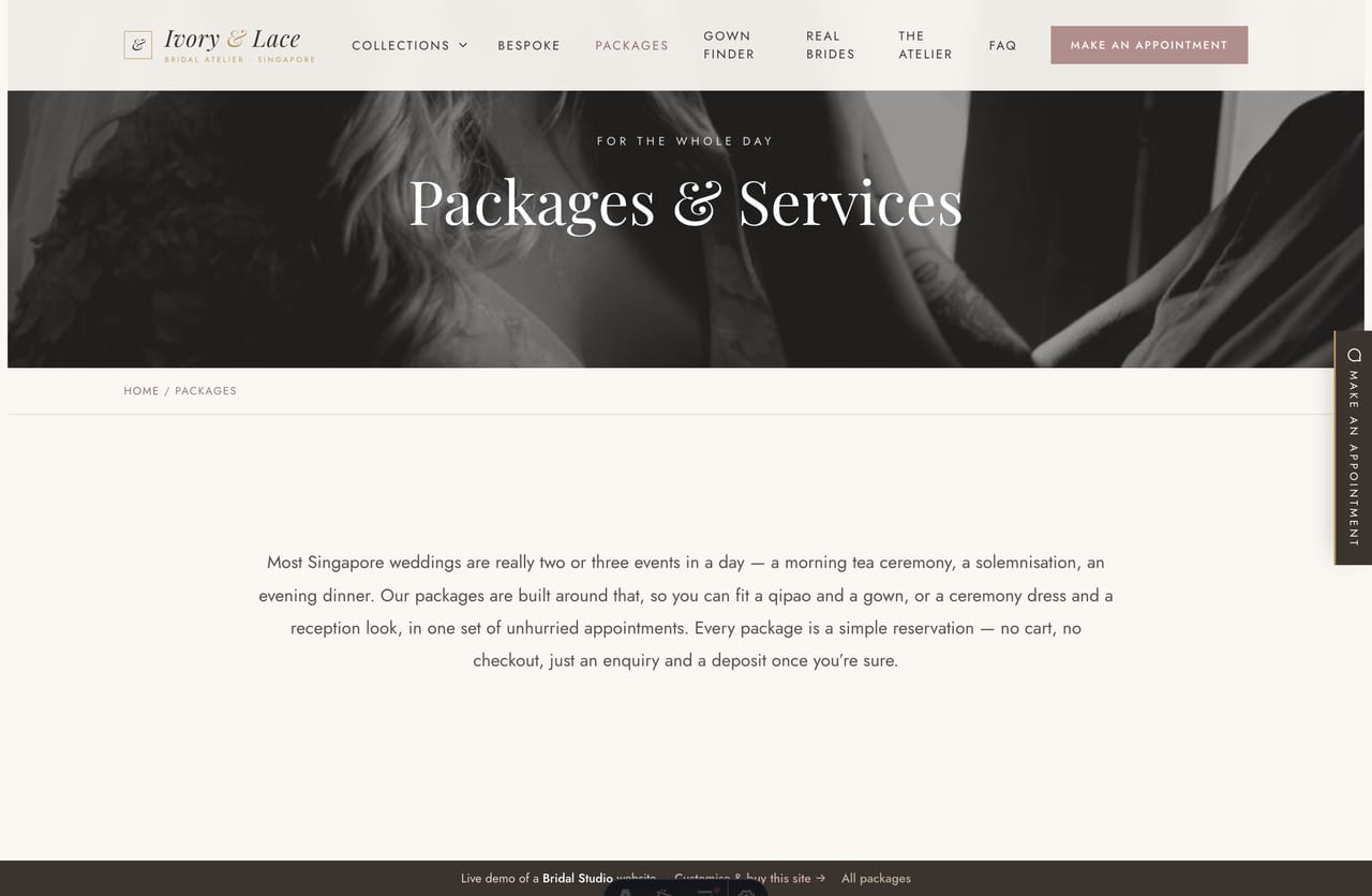Packages page on the Ivory & Lace demo — gown-only, ceremony + dinner, tea-ceremony qipao + gown and the bespoke journey as reservation cards, no cart