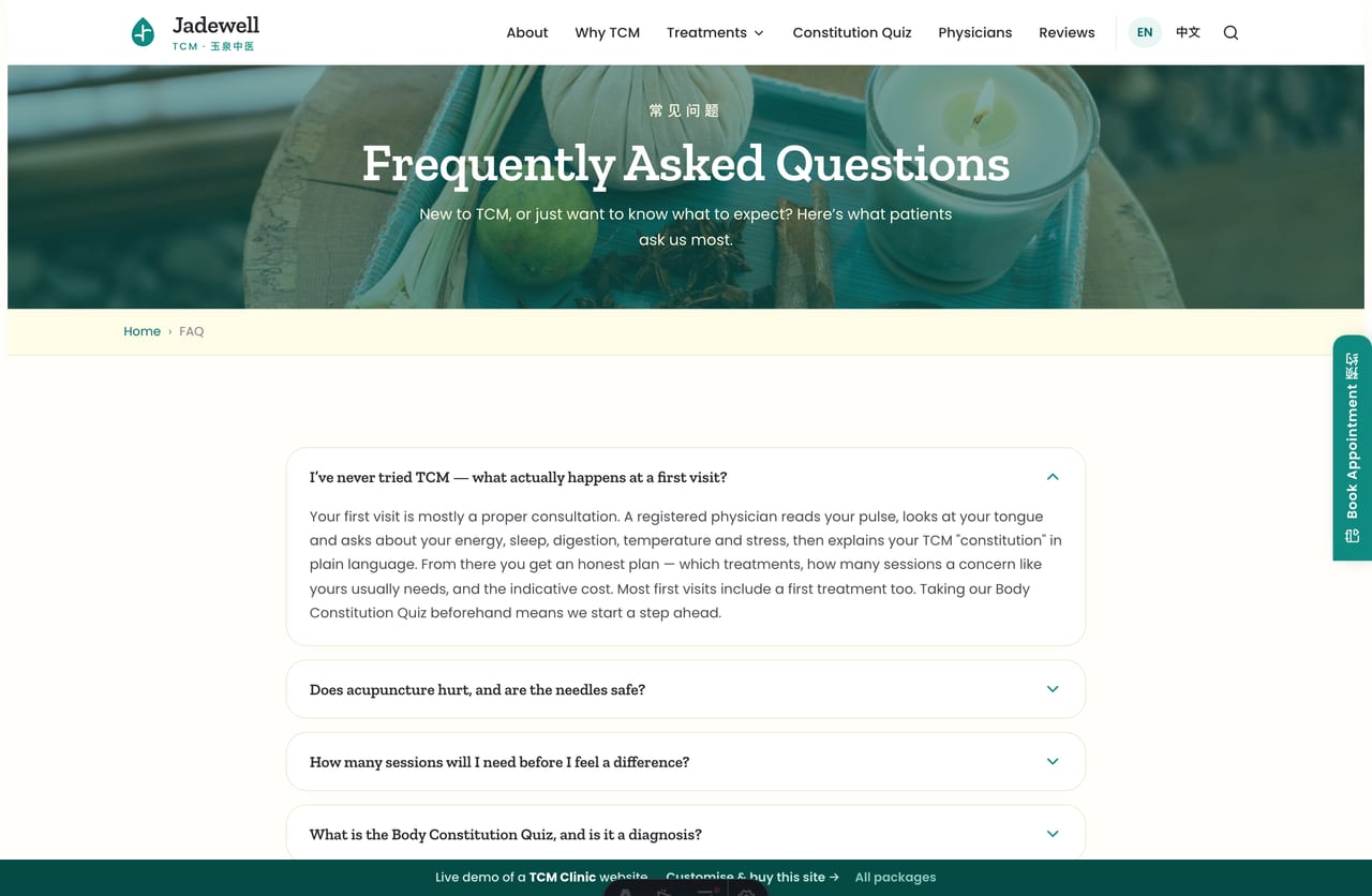 FAQ page on the Jadewell demo — an accordion of common questions about first visits, needles, session counts, herbs and PDPA