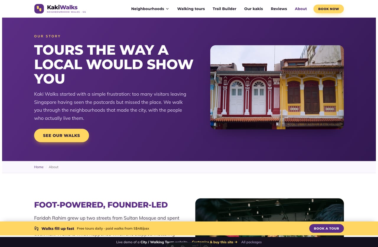 The About page for a Singapore walking-tours operator — founder story, trust stats, the values they stand by and the guide crew