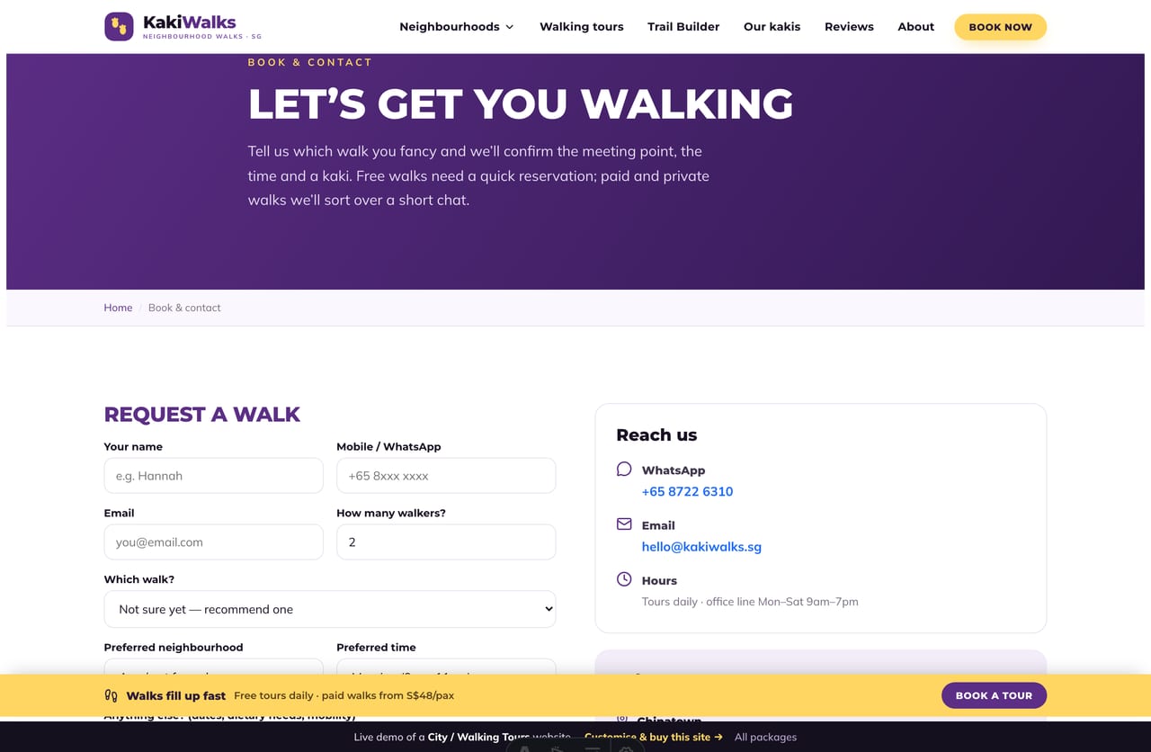 Book & contact page on the Kaki Walks demo — a PDPA-aware tour-request form with tour, neighbourhood and time selection, plus meeting points, no cart