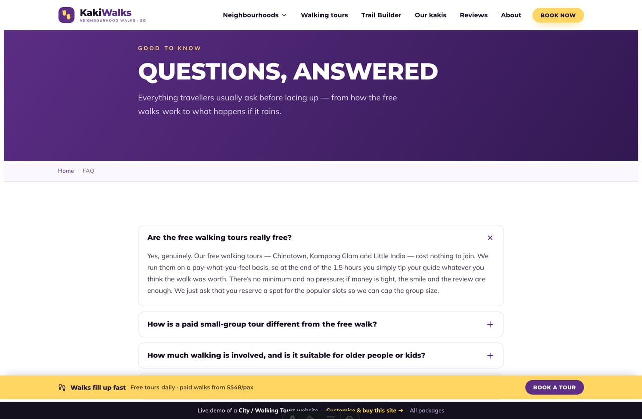 FAQ page on the Kaki Walks demo — an accordion of common questions about free tours, group sizes, meeting points, rain plans and dietary needs
