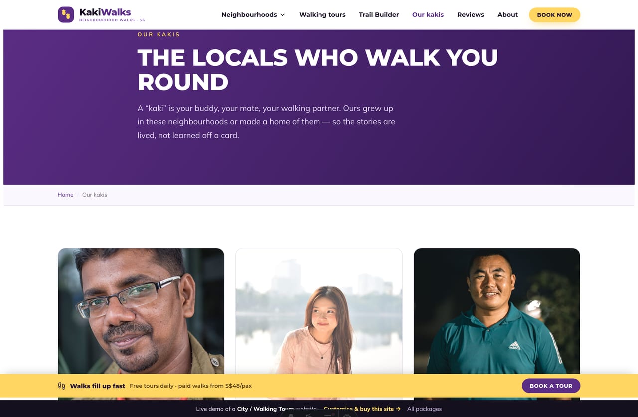 Our guides page on the Kaki Walks demo — portrait cards of local Singapore walking-tour guides with their neighbourhoods and bios