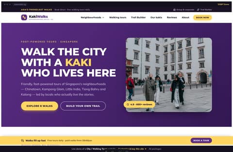 Kaki Walks city tours Singapore website homepage demo — a purple split hero, asymmetric neighbourhood tiles, featured tour cards and a yellow book-a-tour bar