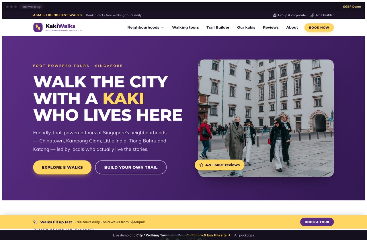 Kaki Walks city tours Singapore website homepage demo — a purple split hero, asymmetric neighbourhood tiles, featured tour cards and a yellow book-a-tour bar