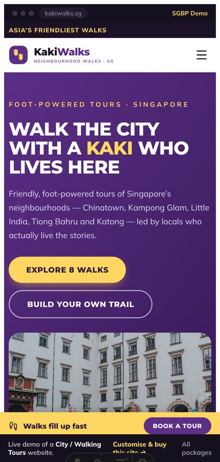The Kaki Walks city-tours website on mobile — split purple hero and a sticky yellow book-a-tour bar at 430px