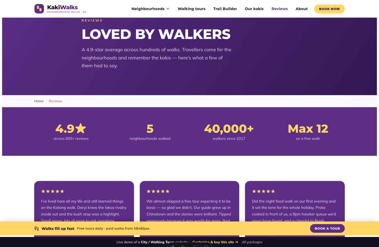 Reviews page on the Kaki Walks demo — a headline rating band and a wall of purple traveller-review cards