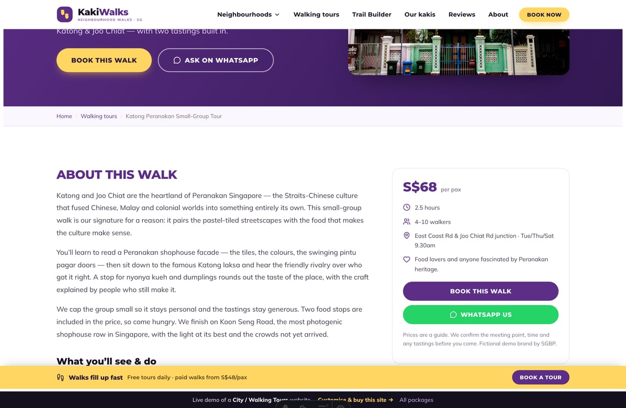 A tour detail page on the Kaki Walks demo — overview, highlights, a stop-by-stop route, a sticky booking panel with per-pax price and a WhatsApp CTA