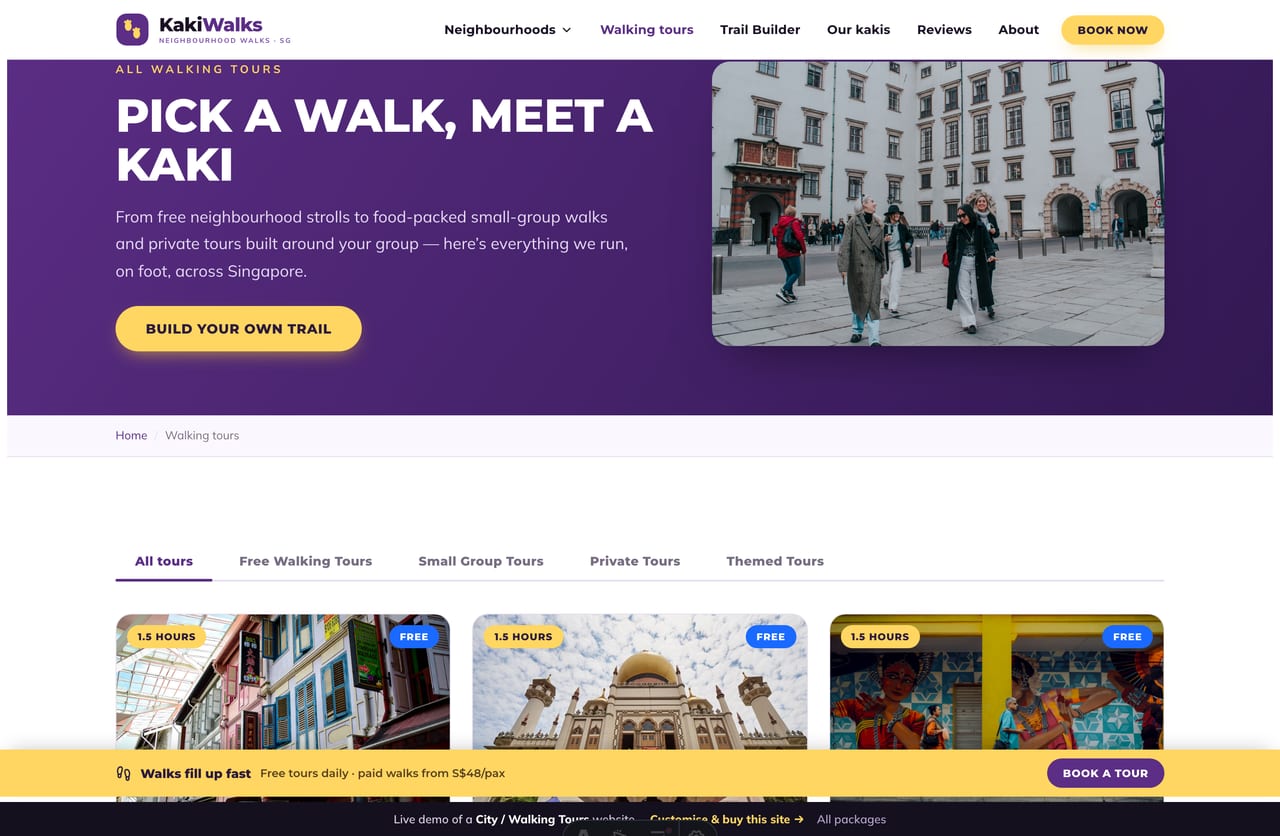 Walking tours listing page on the Kaki Walks demo — filter tabs for free, small-group and private tours over a grid of tour cards with yellow duration badges