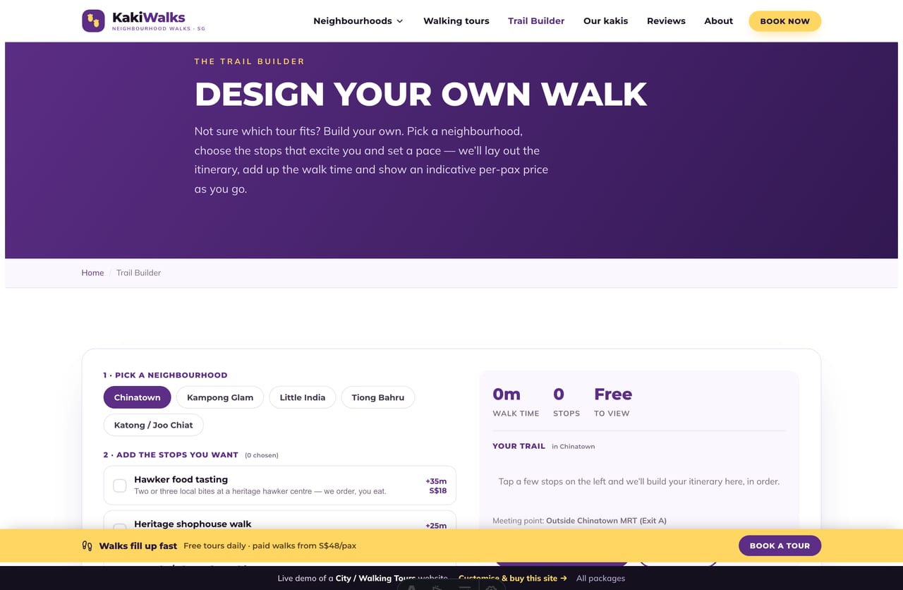 The interactive Trail Builder on the Kaki Walks demo — pick a neighbourhood, toggle stops and a pace to build a custom walking trail