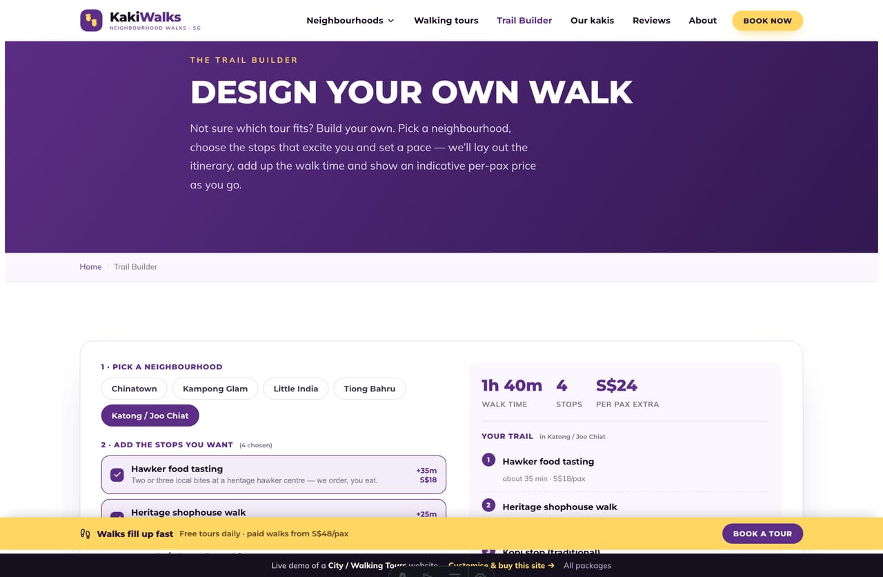 Trail Builder result on a Singapore tours site — a live ordered itinerary, total walk time, stop count and an indicative per-pax price with a book-on-WhatsApp CTA