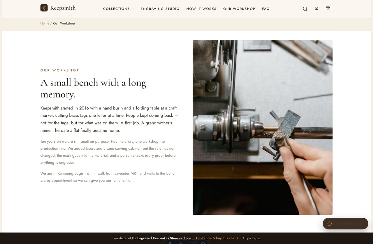 Our Workshop page with brand story, stats and the engraving team on the Keepsmith store