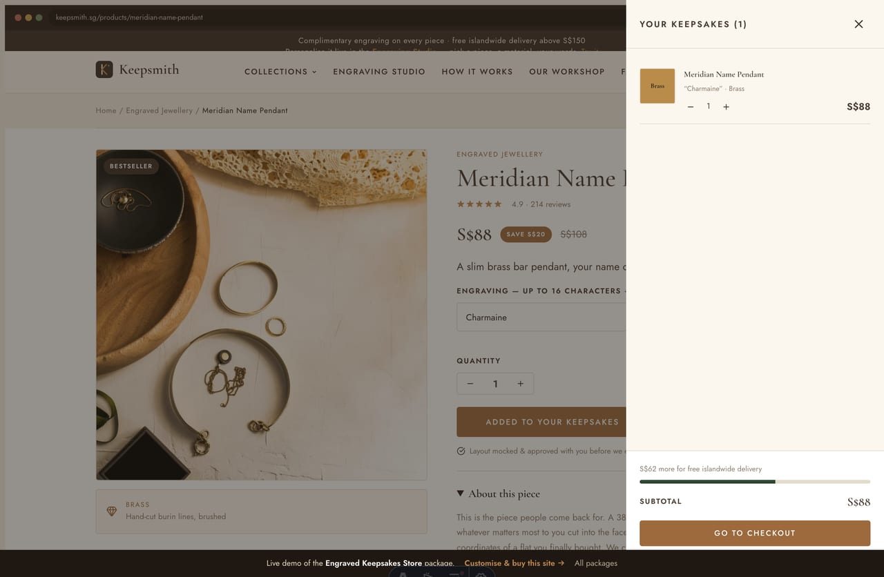 Slide-out cart drawer with engraved keepsakes, free-delivery progress and SGD subtotal on the Keepsmith store