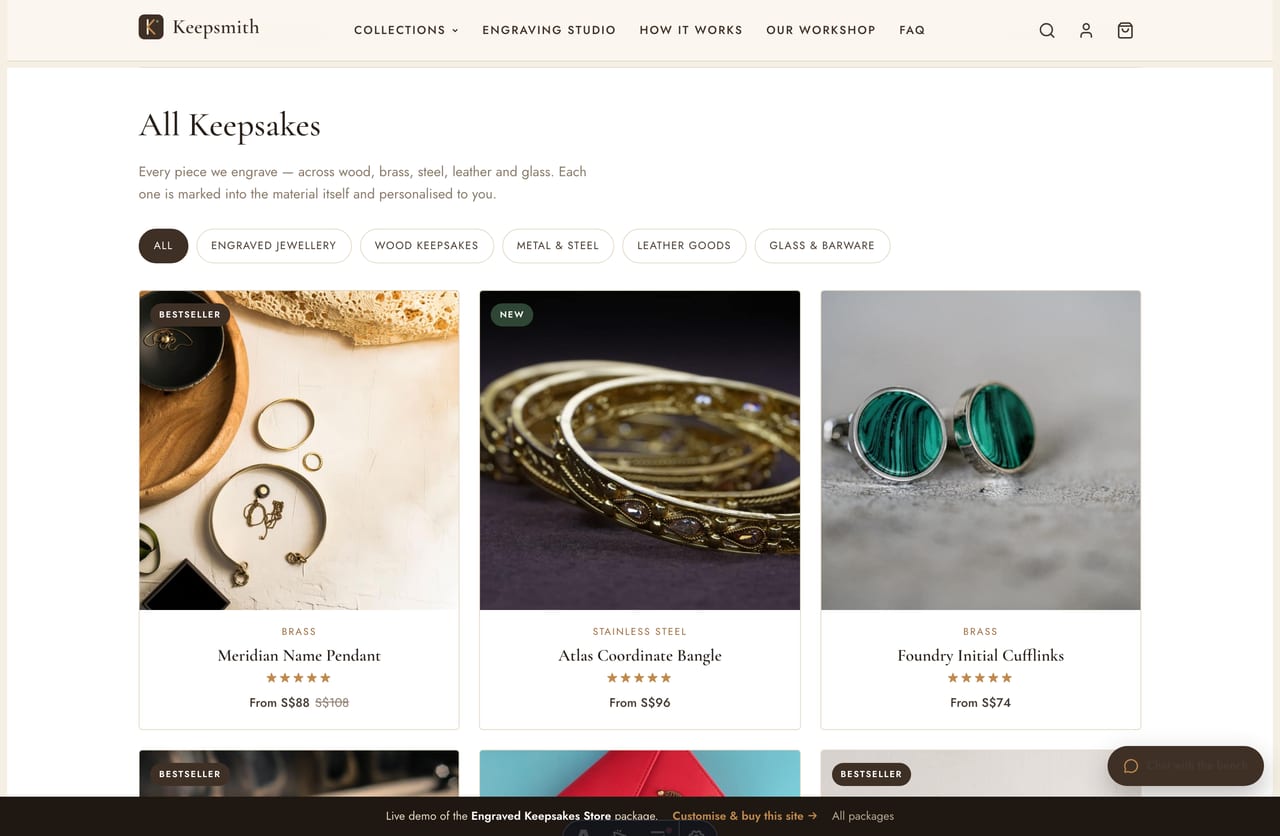 Engraved keepsakes collection page with a 3-column product grid and SGD pricing on the Keepsmith Singapore store