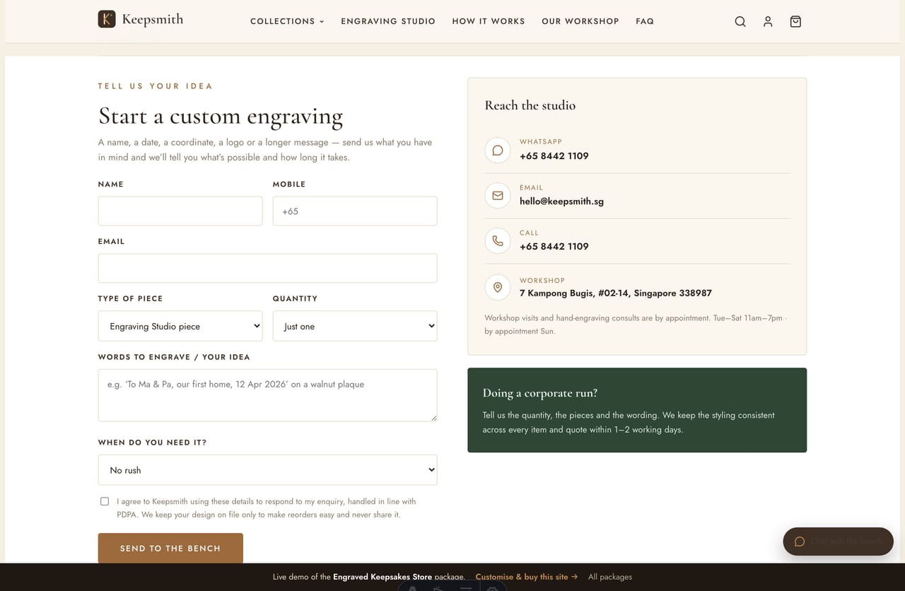 Contact and custom-engraving enquiry page with PDPA consent on the Keepsmith Singapore store