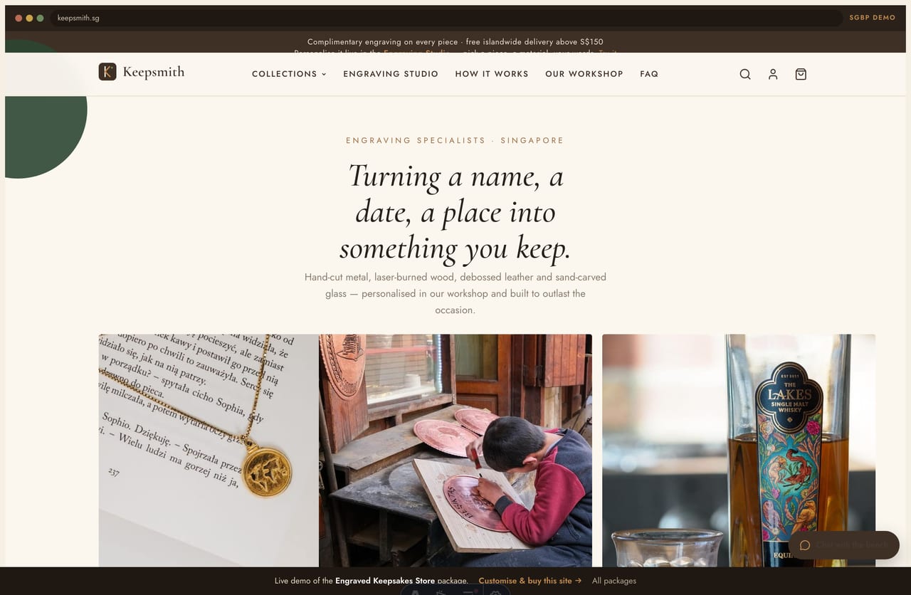 Keepsmith engraved-keepsakes store homepage demo — editorial hero, material collections and a Singapore engraving workshop