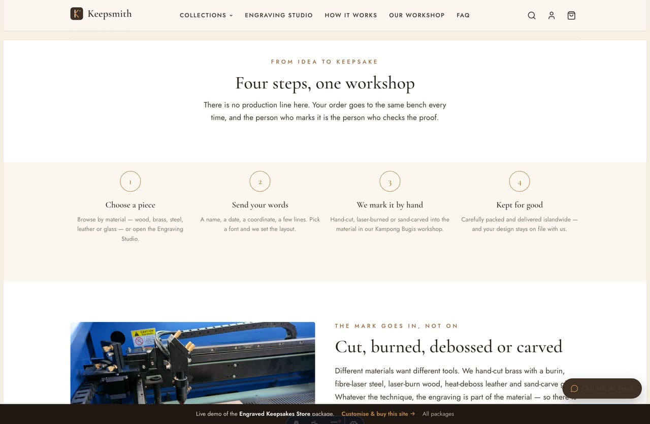 How-it-works page explaining the engraving process and proof approval on the Keepsmith Singapore store