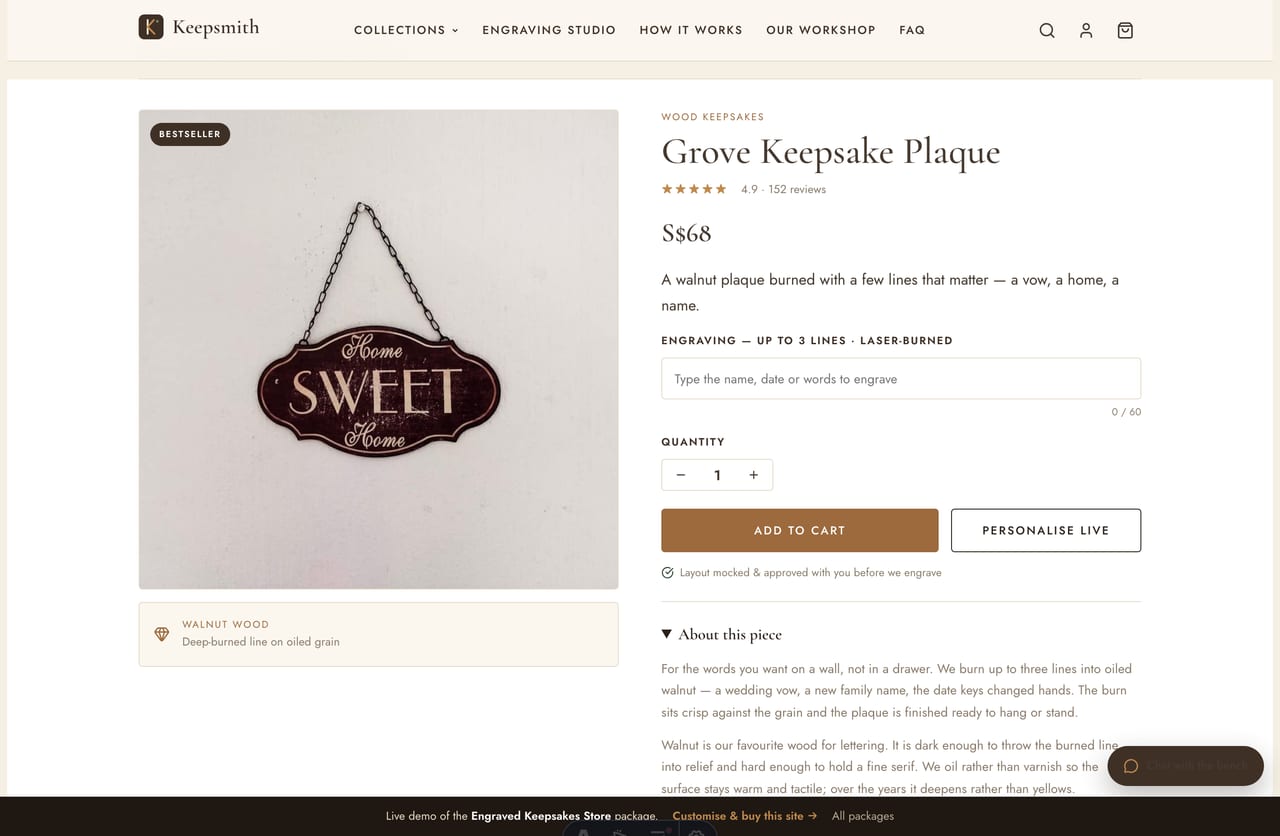 Product page with an engraving text field, material detail and SGD add-to-cart on the Keepsmith store