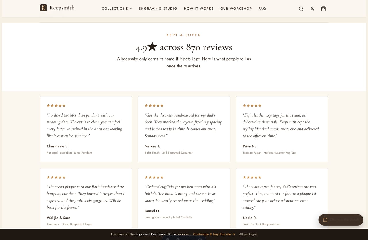 Customer reviews wall with star ratings on the Keepsmith engraved-keepsakes store