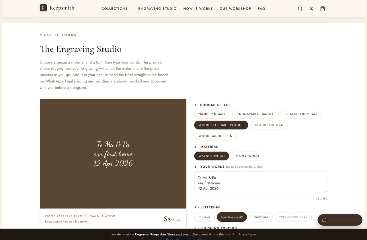 Live engraving preview rendering custom words onto the chosen material in the Keepsmith Engraving Studio