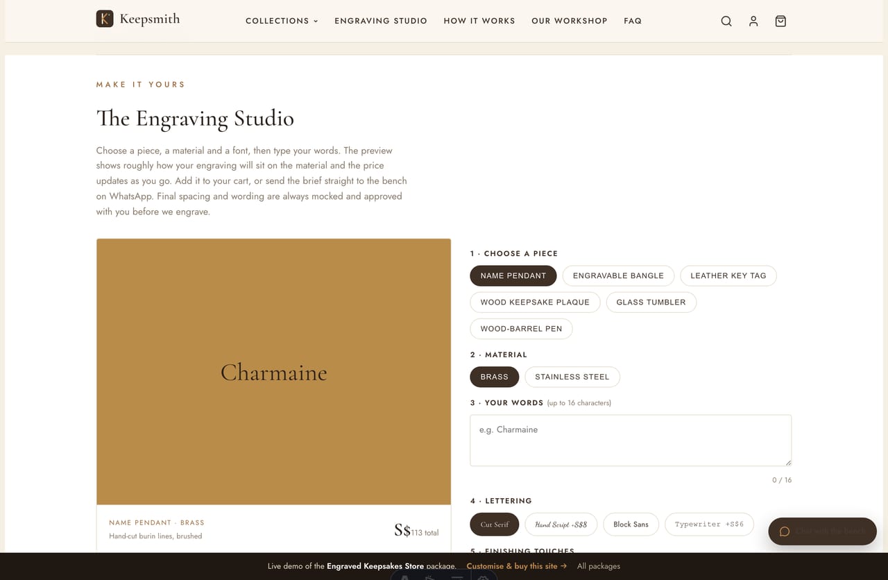 Engraving Studio configurator on the Keepsmith Singapore store — piece, material and font with a live engraving preview