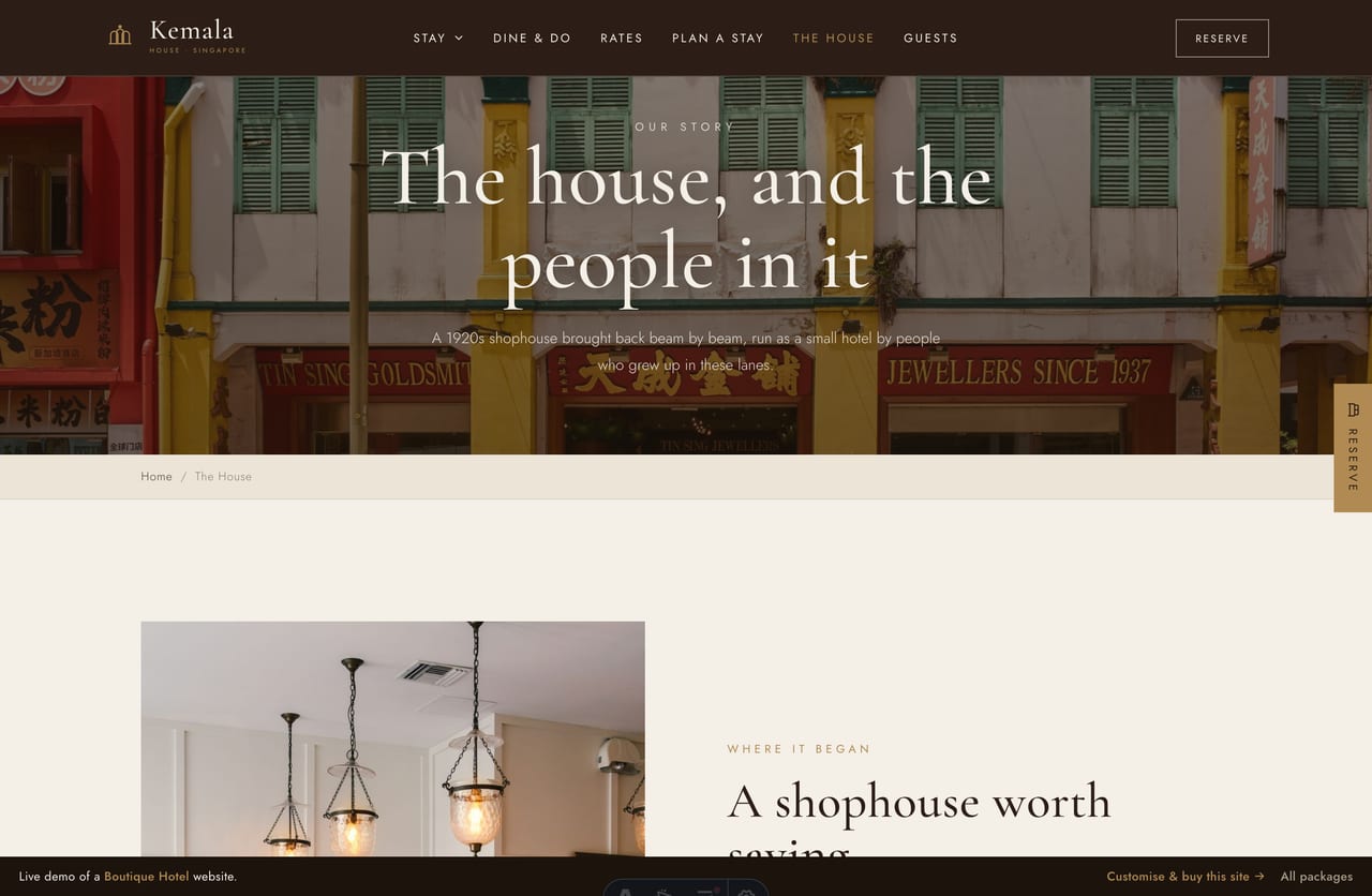 The House / about page on the Kemala House demo — the restoration story, a stats band and the team with photos and roles