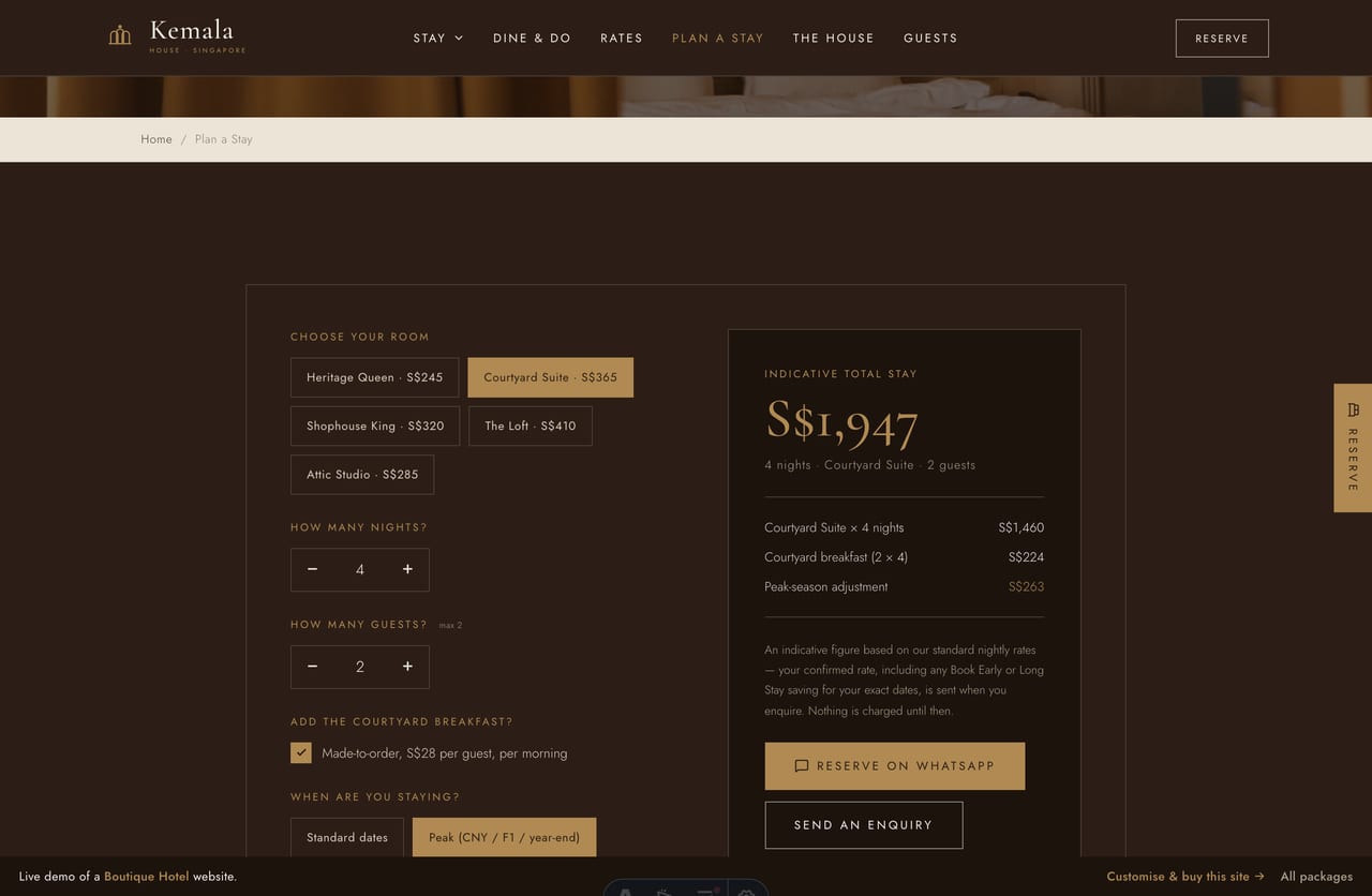 Stay Rate Calculator result on a Singapore boutique-hotel site — an indicative total stay cost in SGD with a line-by-line breakdown and a reserve CTA