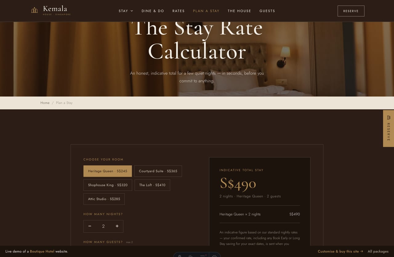 The interactive Stay Rate Calculator on the Kemala House demo — pick a room, nights and guests and add breakfast to see an indicative total in SGD