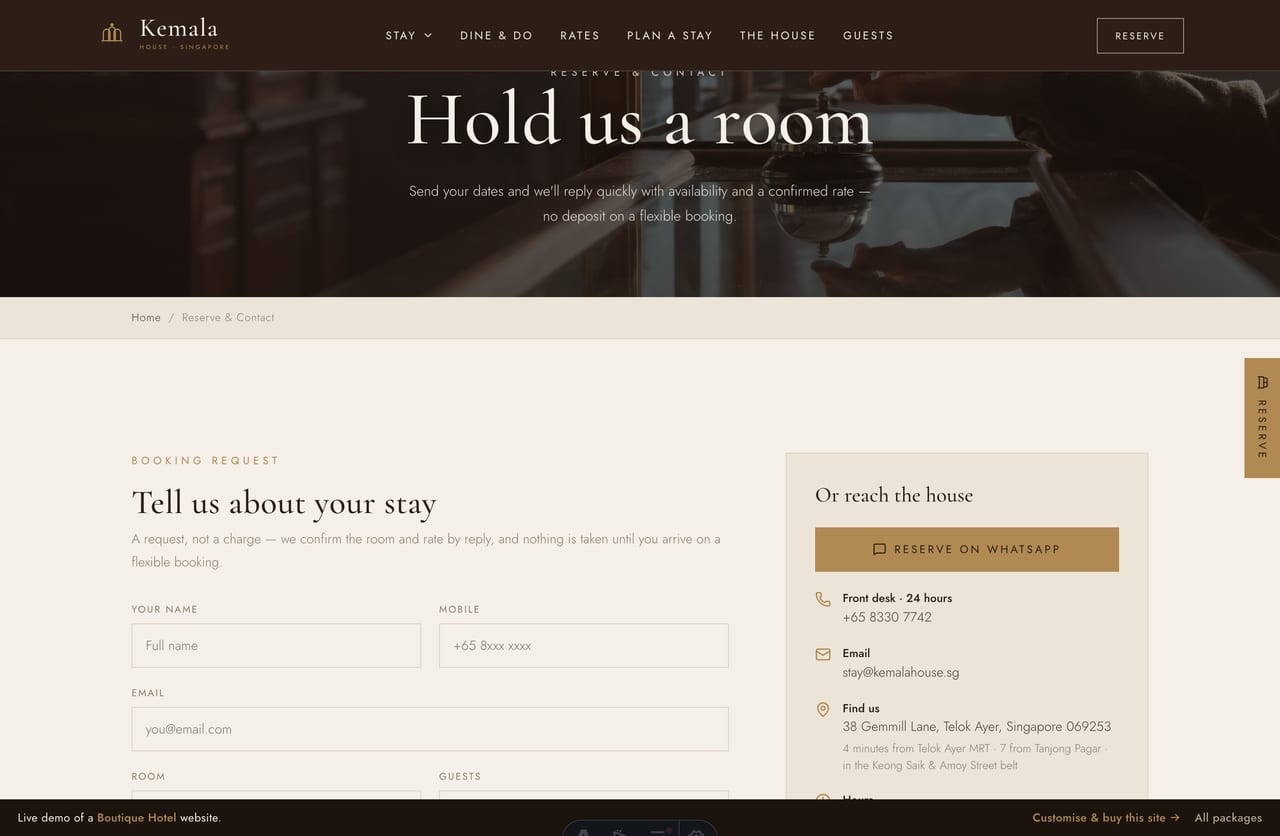 Reserve & contact page on the Kemala House demo — a PDPA-aware booking-request form with room, dates and guests, plus WhatsApp and the front desk