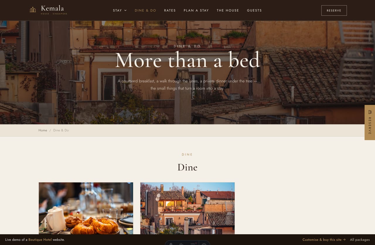 The Dine & Do page on the Kemala House demo — the courtyard breakfast, the lanes walk, private dining and the spa as warm photo cards by category
