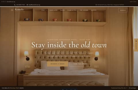 Kemala House boutique-hotel Singapore website homepage demo — a warm-heritage espresso and bronze site with a full-bleed cinematic room hero, editorial room blocks and a courtyard story